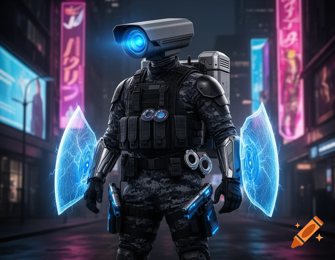 A heavily armored cyberpunk soldier with a surveillance camera for a head stands in a neon-lit city street, holding glowing blue energy shields.