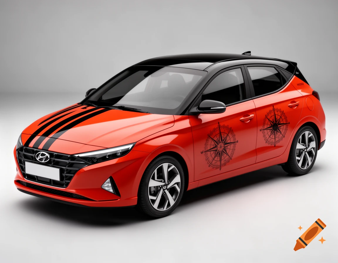 A red Hyundai Inster car with a black roof, black racing stripes on the hood, and two black compass rose decals on the side doors, on a white background.