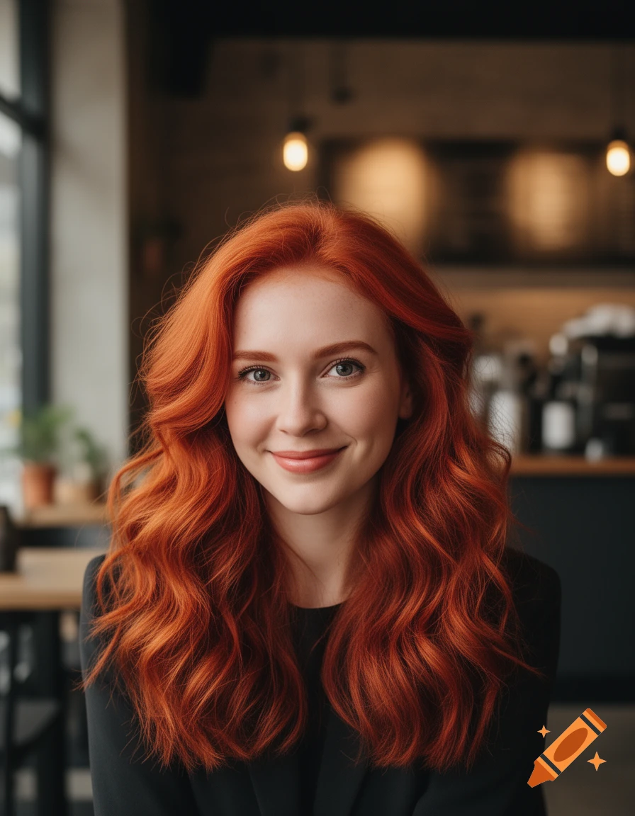 A smiling woman with long, wavy red hair and fair skin wears a black top in a softly lit cafe setting.