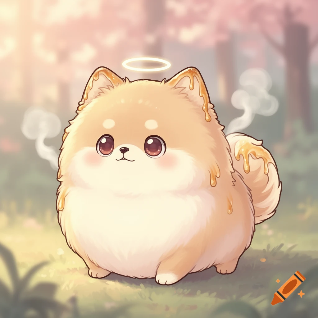A fluffy, light brown, cartoon Pomeranian dog with melted-looking ears and tail, a halo, and large eyes, stands in a soft, dreamy forest setting.