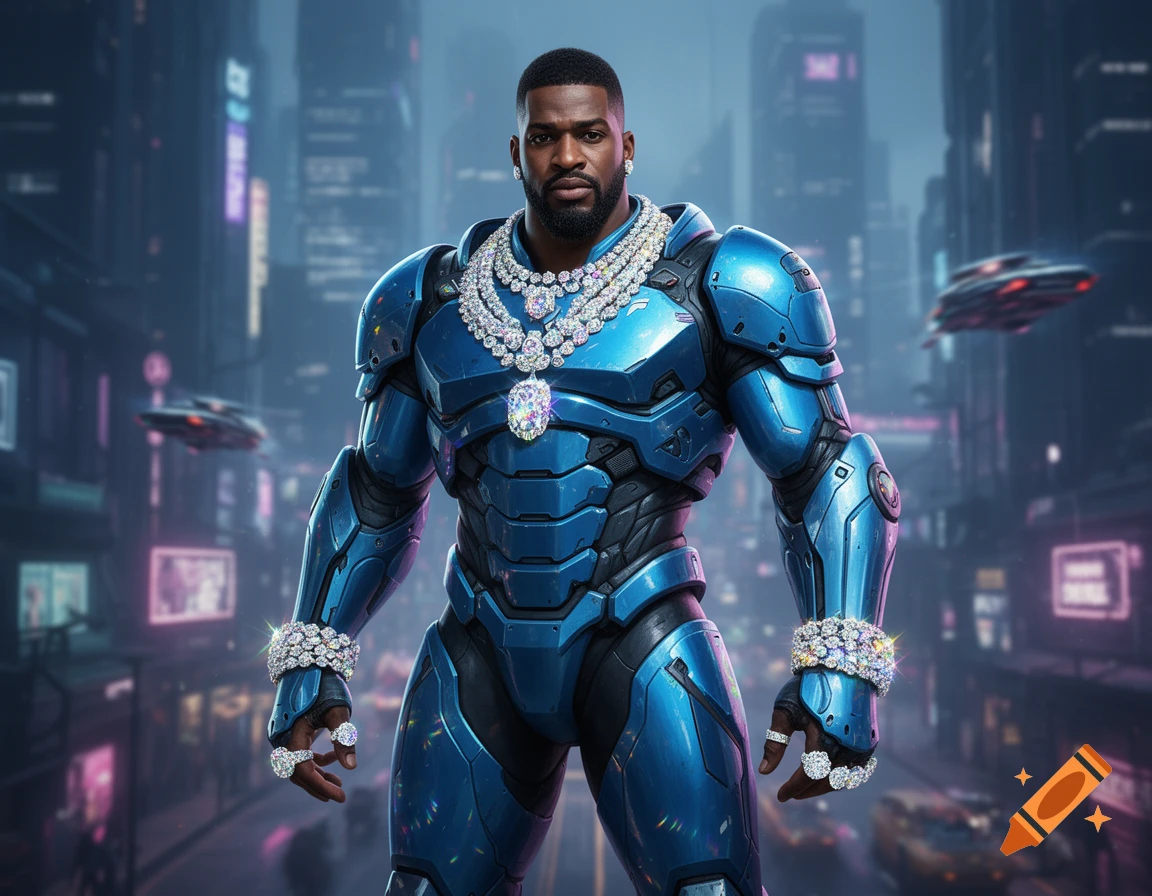 A Black man in a blue armored power suit, dripping with diamond chains and rings, stands in a neon-lit cyberpunk cityscape.