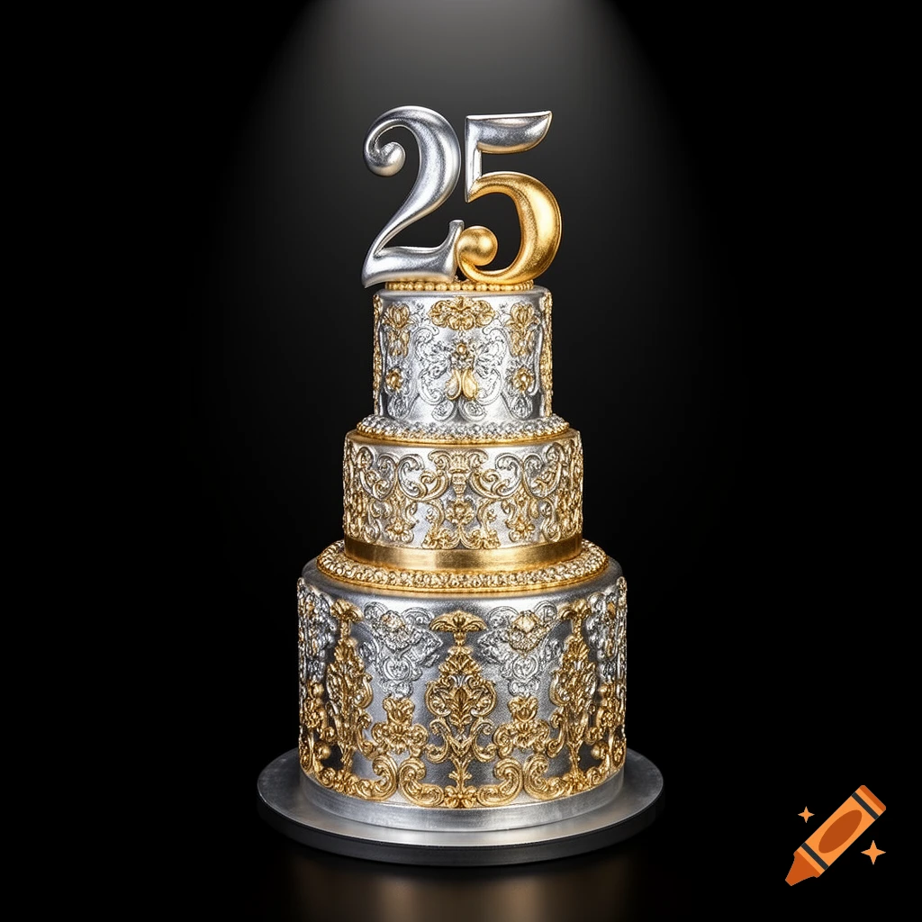 A lavish three-tiered silver and gold cake with baroque patterns, topped with a large silver '2' and gold '5' numerals, spotlighted on a black background.