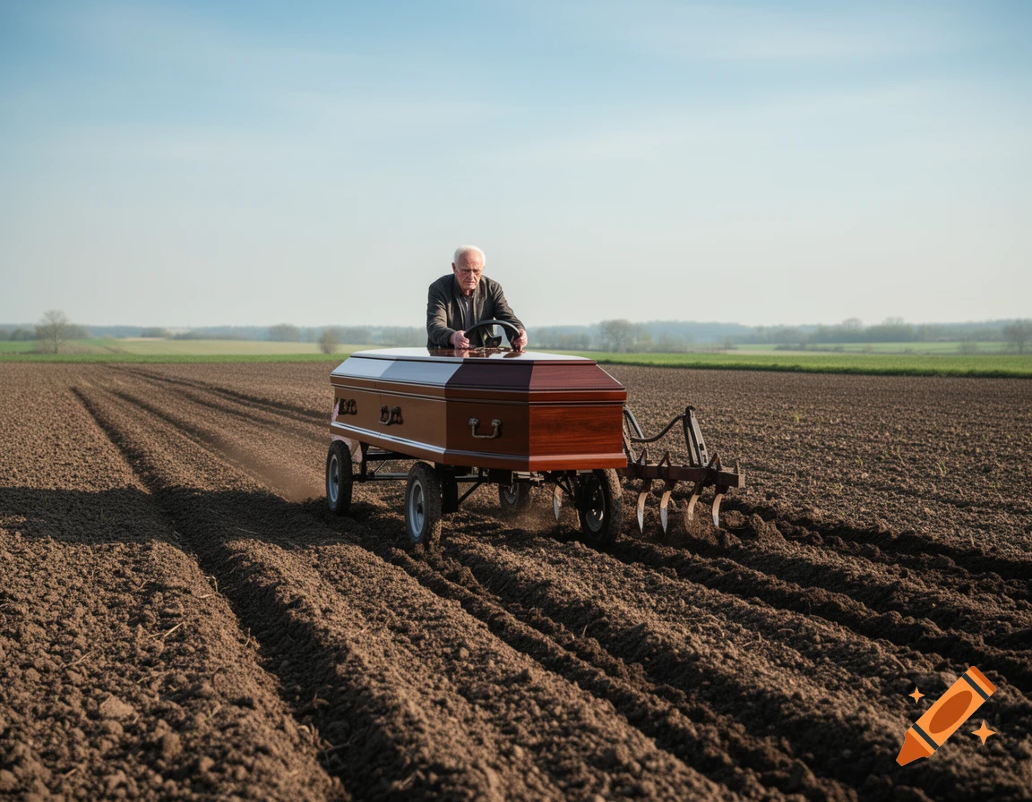 An elderly man drives a coffin on wheels with a plow attachment across a vast, freshly plowed field under a clear blue sky.