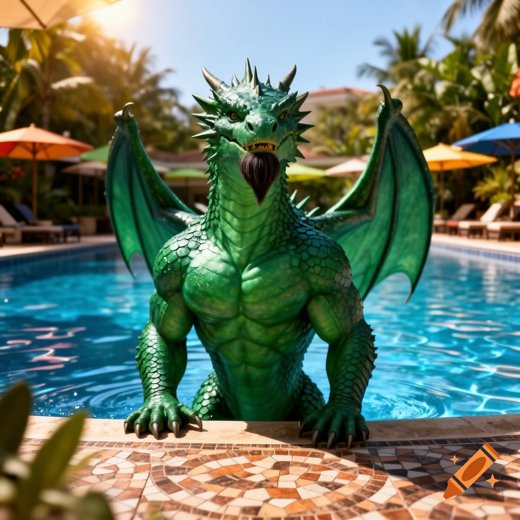 A muscular green anthropomorphic dragon with a goatee stands in a clear blue swimming pool at a sunny resort.
