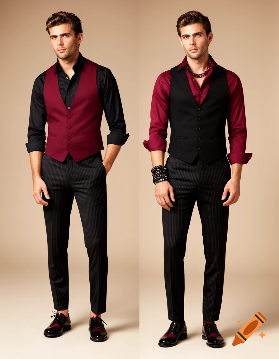 Two men displaying formal outfits; one with a black shirt and burgundy vest, the other with a burgundy shirt and black vest.
