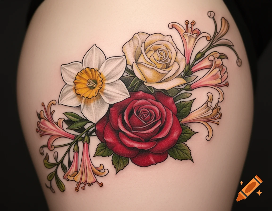 A vibrant tattoo of a white narcissus, a red rose, and orange honeysuckle flowers and greenery on skin.