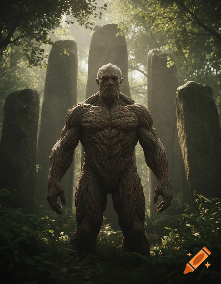 A muscular, tree-like humanoid creature stands powerfully among ancient stone monoliths in a dark, mystical forest.