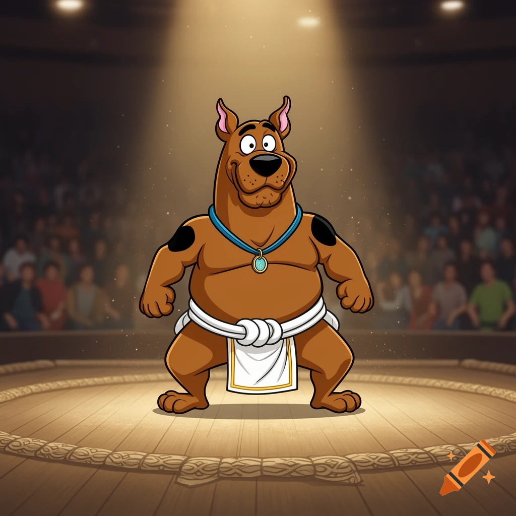 Cartoon Scooby-Doo dressed as a sumo wrestler in a spotlighted ring with a blurred audience.