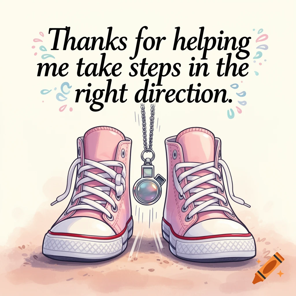 An illustration of pink sneakers with white laces and a whistle hanging between them, with the text 'Thanks for helping me take steps in the right direction.'