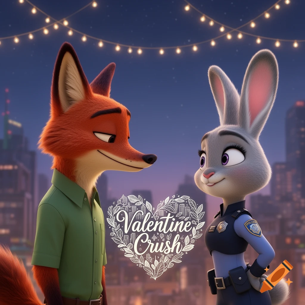Animated Nick Wilde (fox) and Judy Hopps (rabbit) look at each other under string lights in a city at night, with a 'Valentine Crush' graphic.