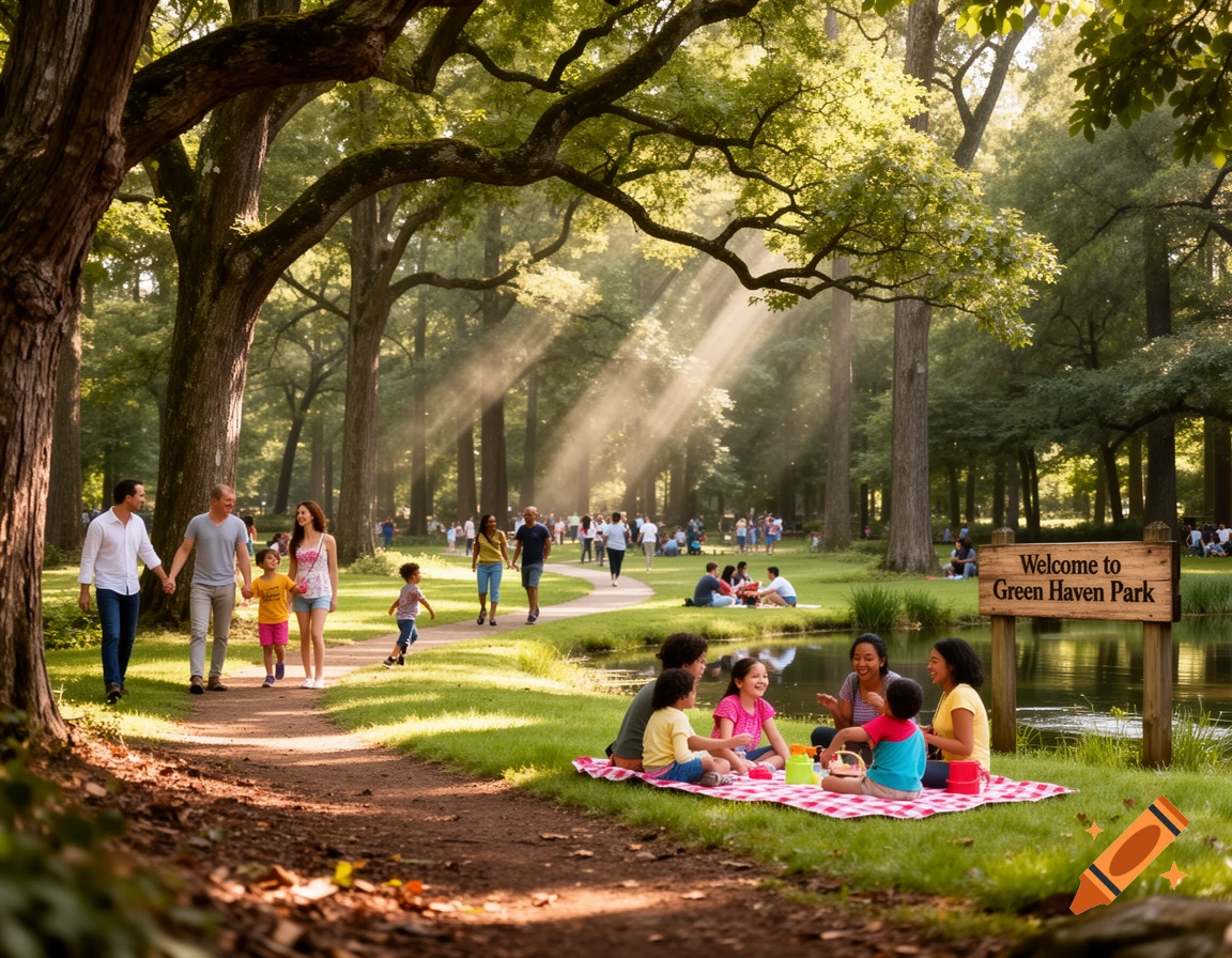 Photorealistic image of people walking and picnicking in a sunny, lush green park with tall trees.