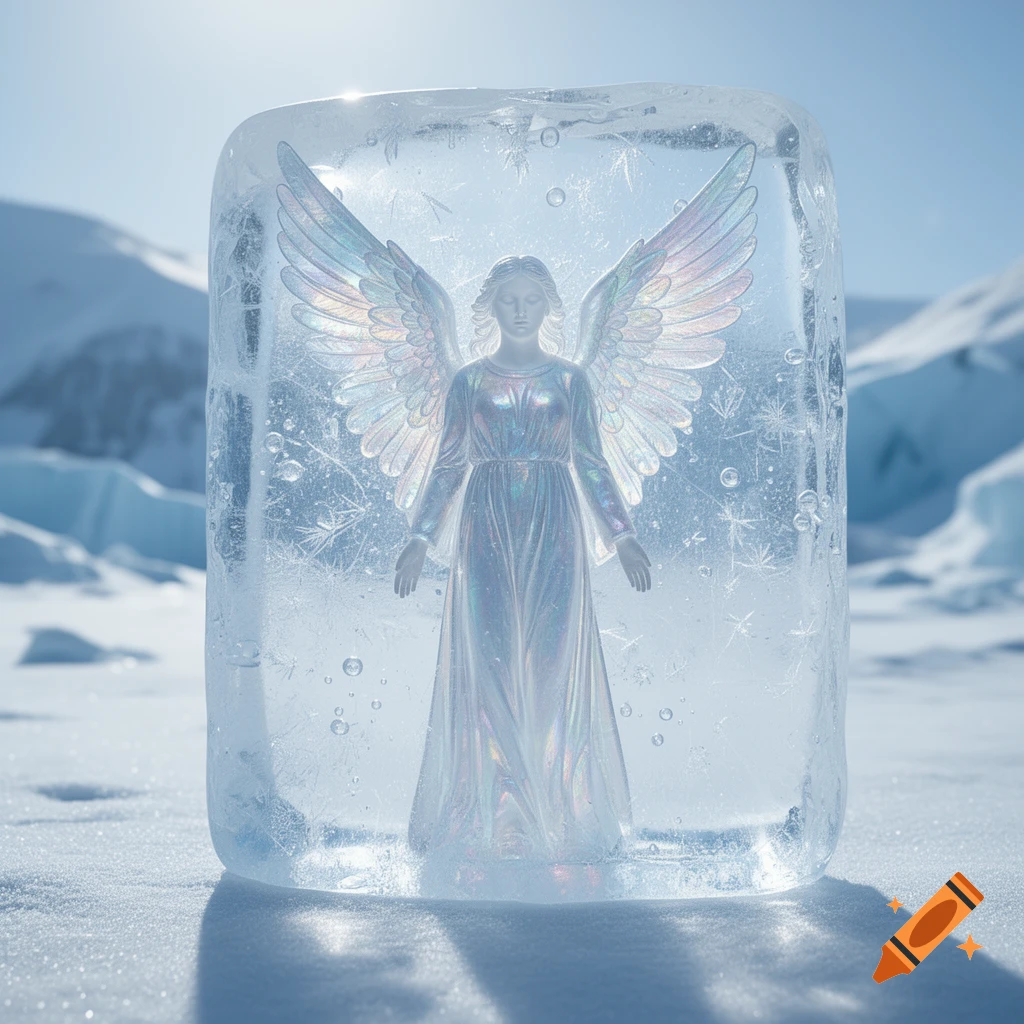 A photorealistic image of an angelic figure with iridescent wings encased in a block of ice, set in a snowy mountain landscape.