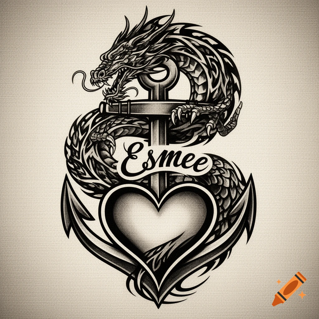 Black and white tribal tattoo-style illustration of a dragon wrapped around an anchor, featuring the name 'Esmee' and a heart.