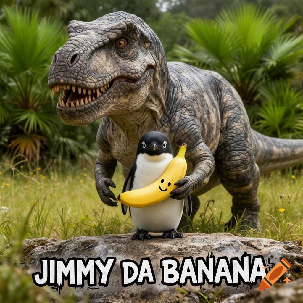 A large T-Rex stands behind a small Adelie penguin holding a banana with a drawn happy face. Below, text reads 'JIMMY DA BANANA'.