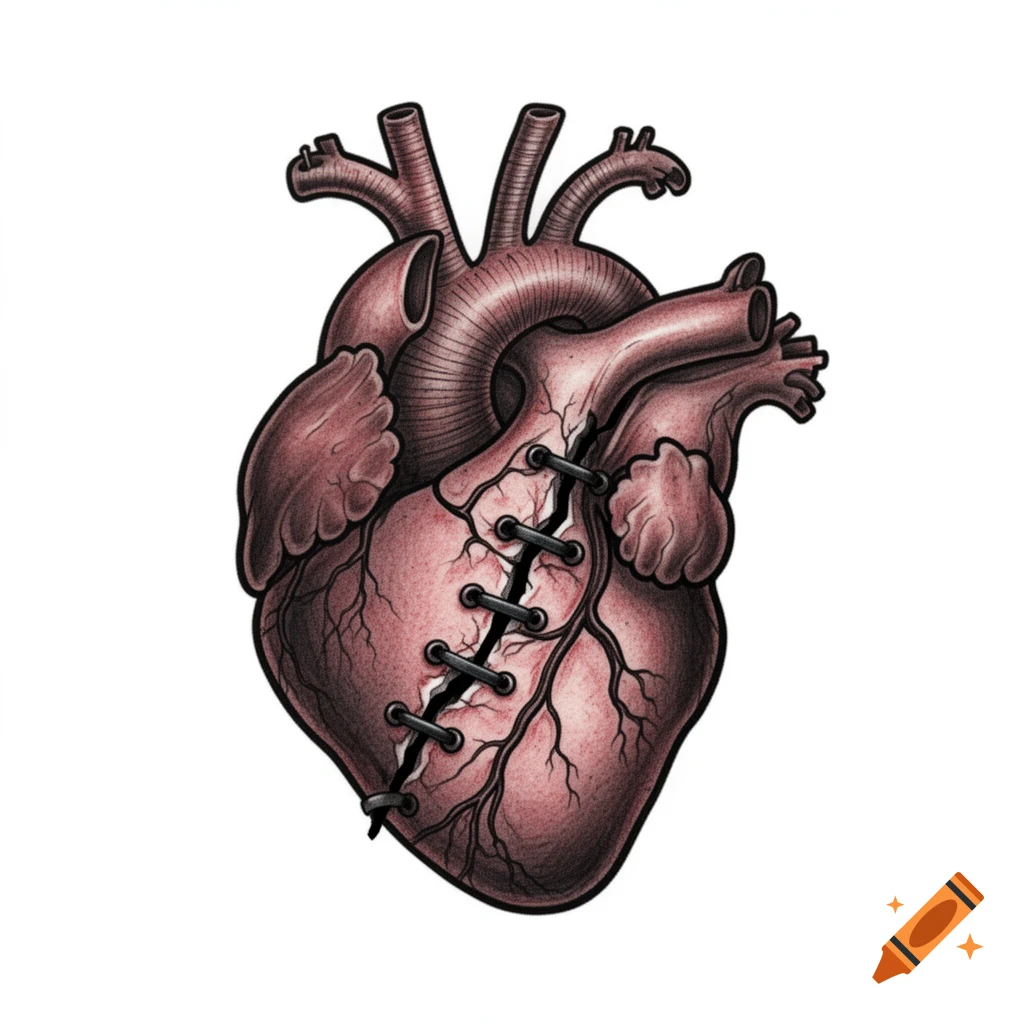 A stylized anatomical human heart with a jagged fracture mended by six surgical staples, rendered in a fine-line tattoo style.
