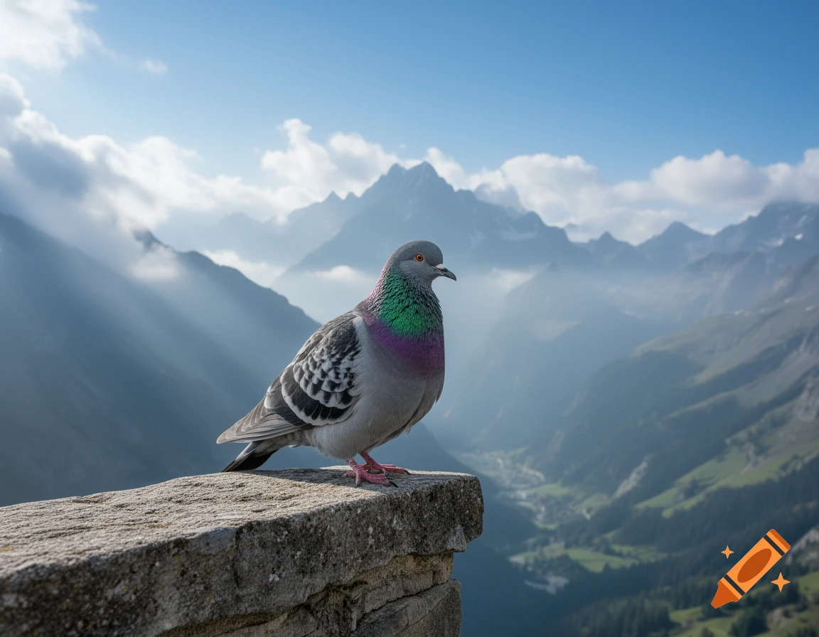Photorealistic pigeon with iridescent neck feathers stands on a stone wall, overlooking a misty mountain range and a green valley.