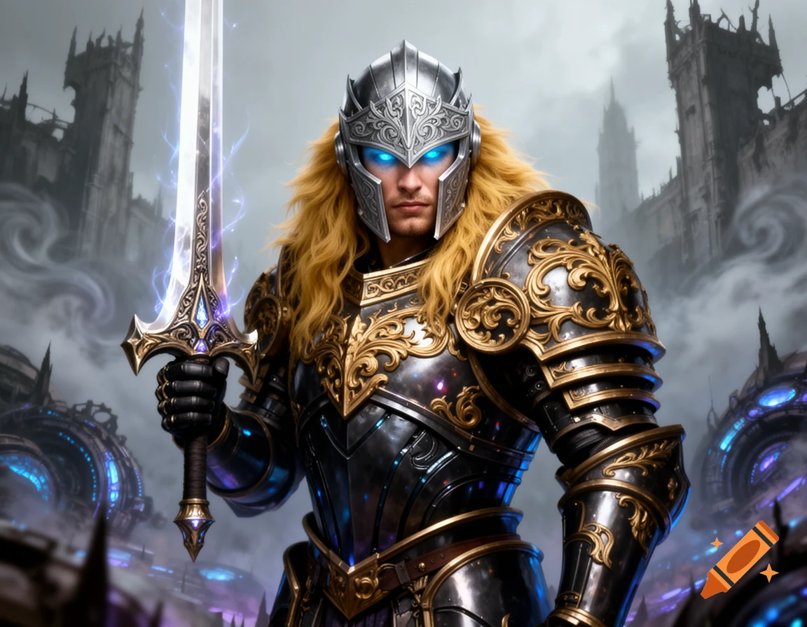 A powerful fantasy warrior in ornate golden and silver armor, with glowing blue eyes and blonde hair, holds a glowing sword. A ruined castle stands in the background.