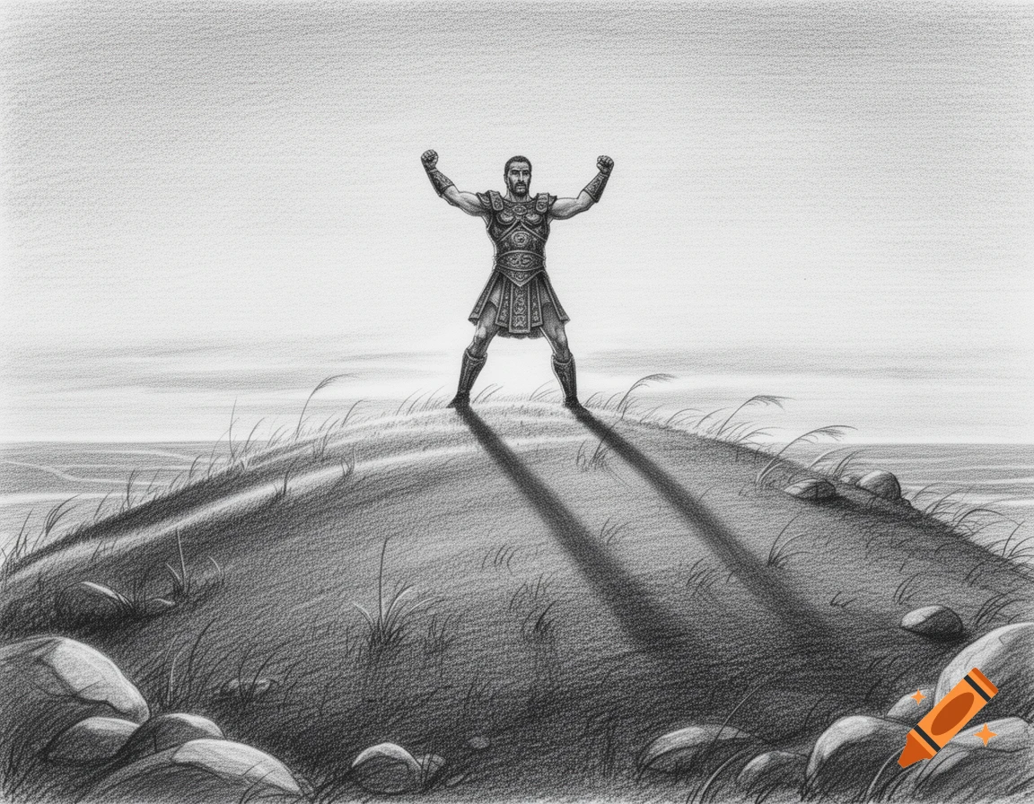 Pencil drawing of a triumphant man in ancient armor standing on a grassy hill with arms raised, casting long shadows.