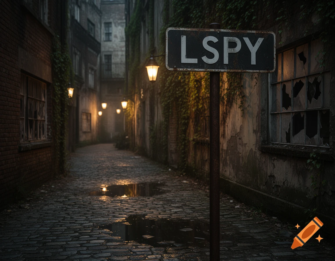 A dark, moody, photorealistic image of a wet cobblestone alleyway with old buildings, glowing lanterns, and a street sign reading 'LSPY'.