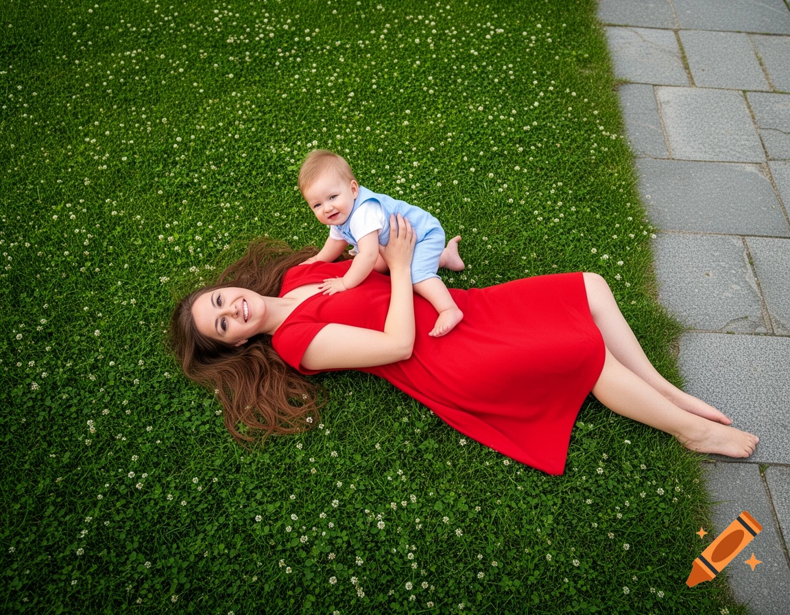 A smiling woman in a red dress lies on green grass with a baby in a blue outfit on her chest, next to a paved path.
