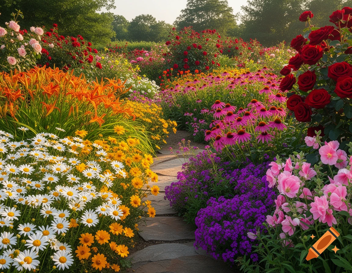 A lush garden path winds through vibrant beds of daisies, daylilies, coneflowers, roses, and other colorful blooming flowers.