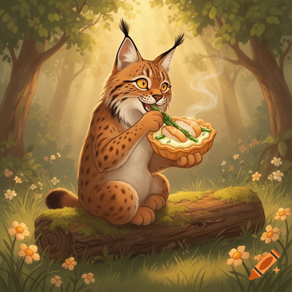 A happy cartoon lynx sits on a log in a sunny forest, eating a tartlet with asparagus and chicken.