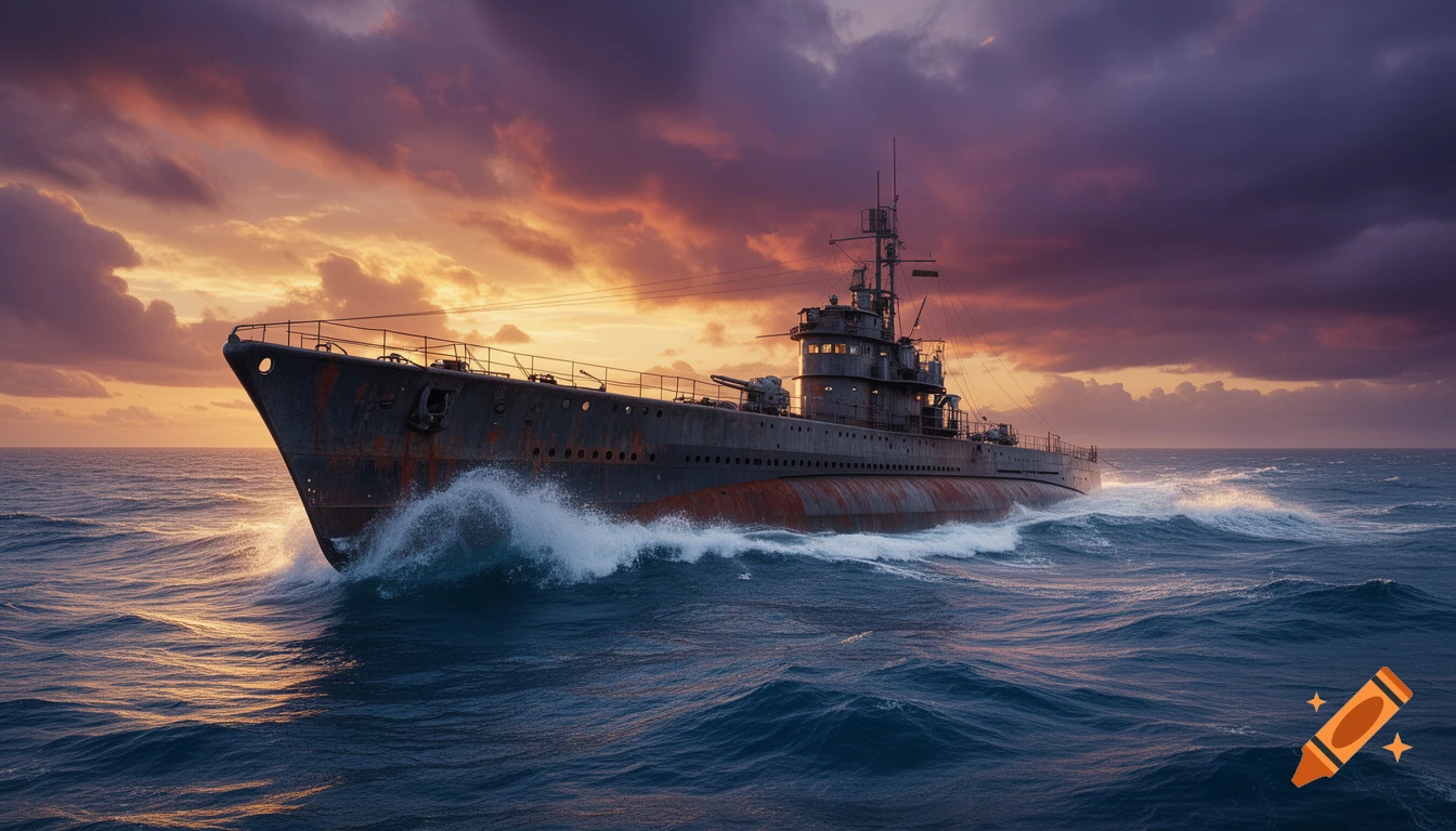 A photorealistic German Type VII submarine cruises on the North Atlantic at sunset, with dramatic waves and cloudy sky.