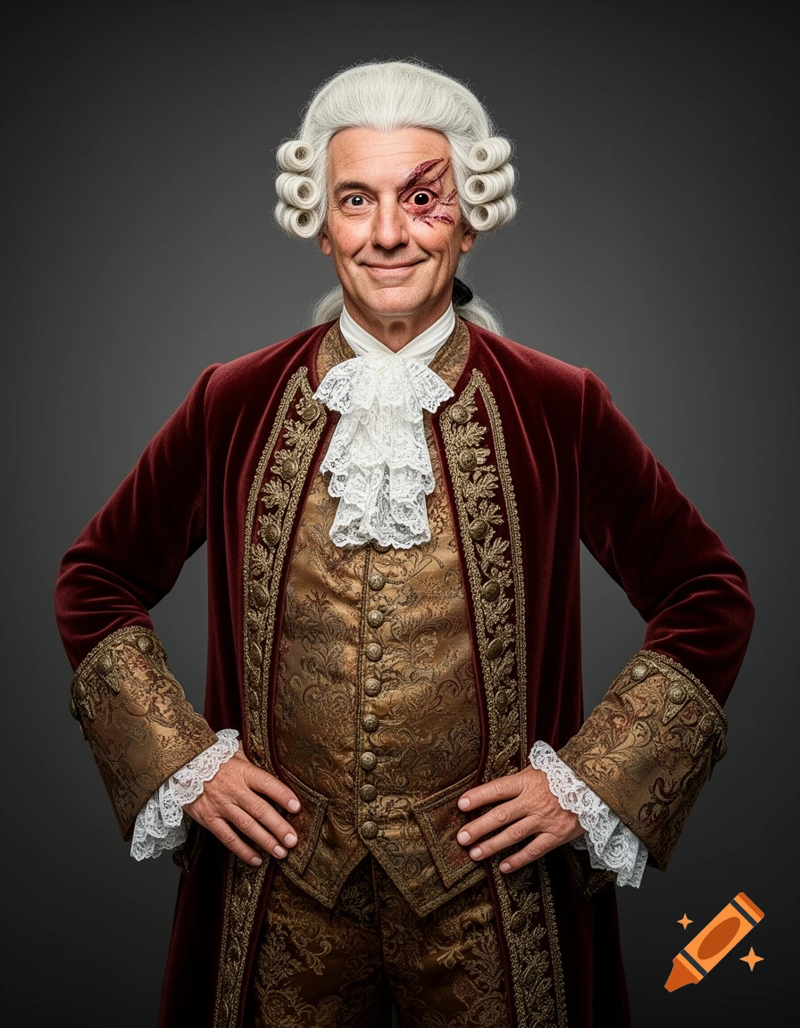 A confident man in an 18th-century white wig and ornate red and gold coat with one eye missing and scars, posing against a gray background.