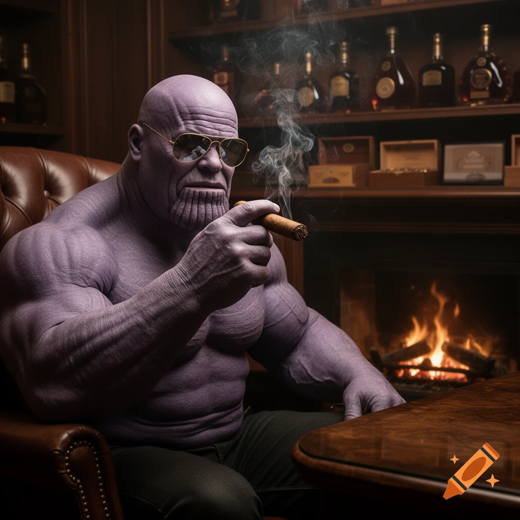 Photorealistic image of Thanos wearing aviator glasses, sitting in a leather chair by a fireplace, smoking a cigar.