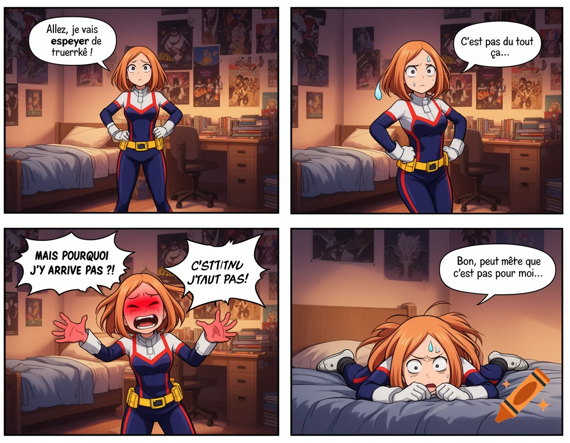 A 4-panel anime comic strip of Ochaco Uraraka from My Hero Academia failing to twerk in her bedroom, expressing determination, confusion, frustration, and defeat.