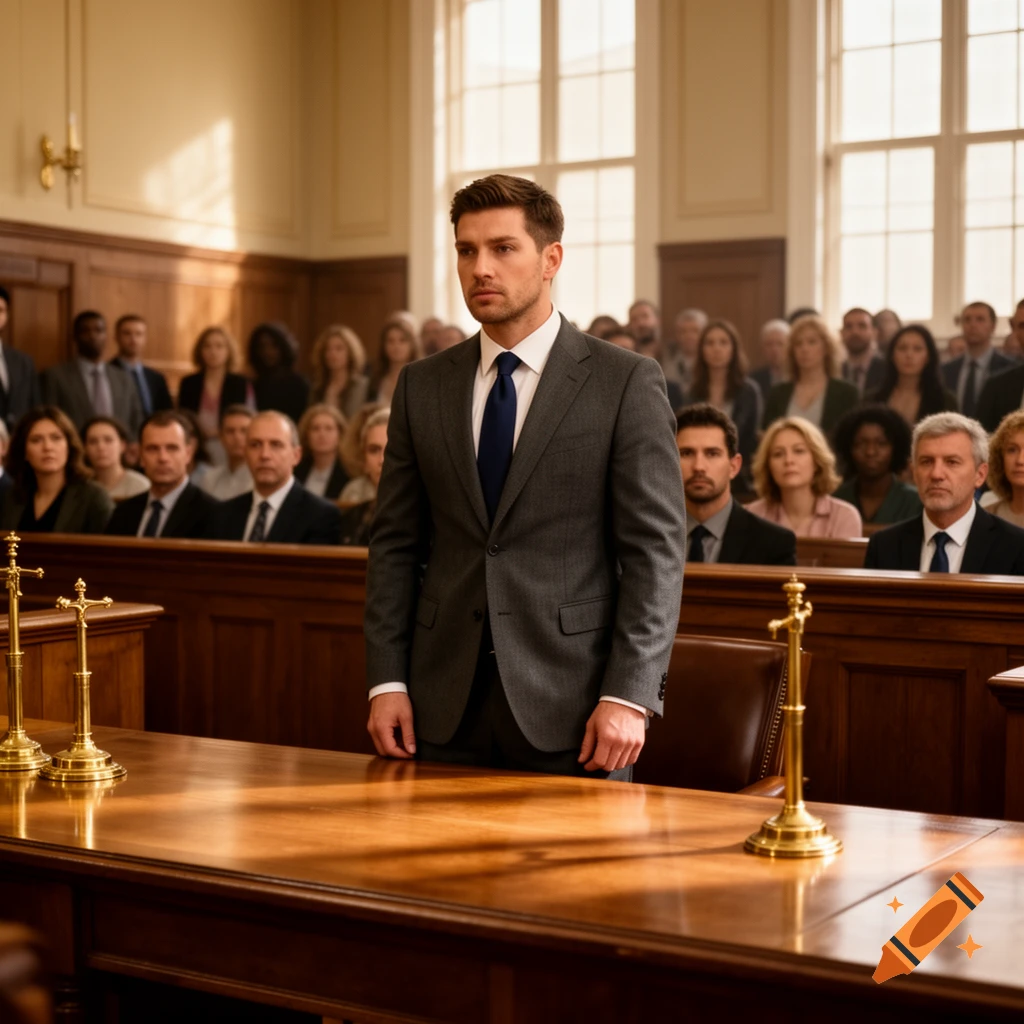 Photorealistic image of a man in a suit standing solemnly in a courtroom, with blurred spectators in the background.