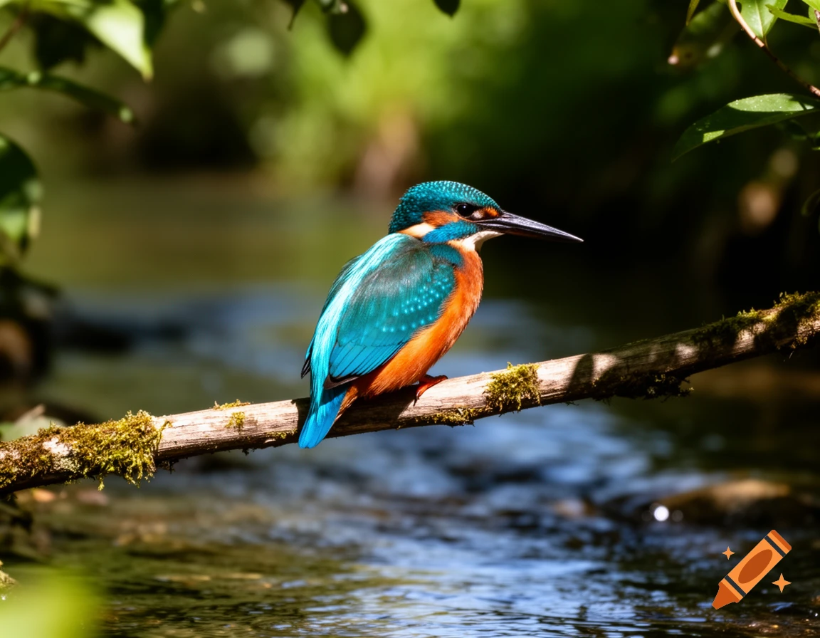 A vibrant blue and orange kingfisher bird perches on a mossy branch above flowing water in a sunny, natural setting.