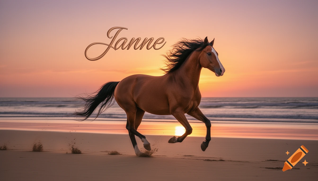 A brown horse with a white blaze, black mane, and tail gallops on a sandy beach at sunset, with the name "Janne" written in script above it.