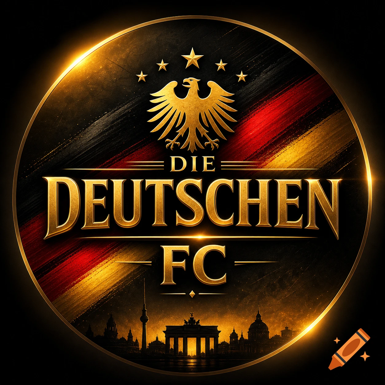 Ornate round German logo with golden eagle, stars, flag colors, 'DIE DEUTSCHEN FC' text, and Berlin skyline.