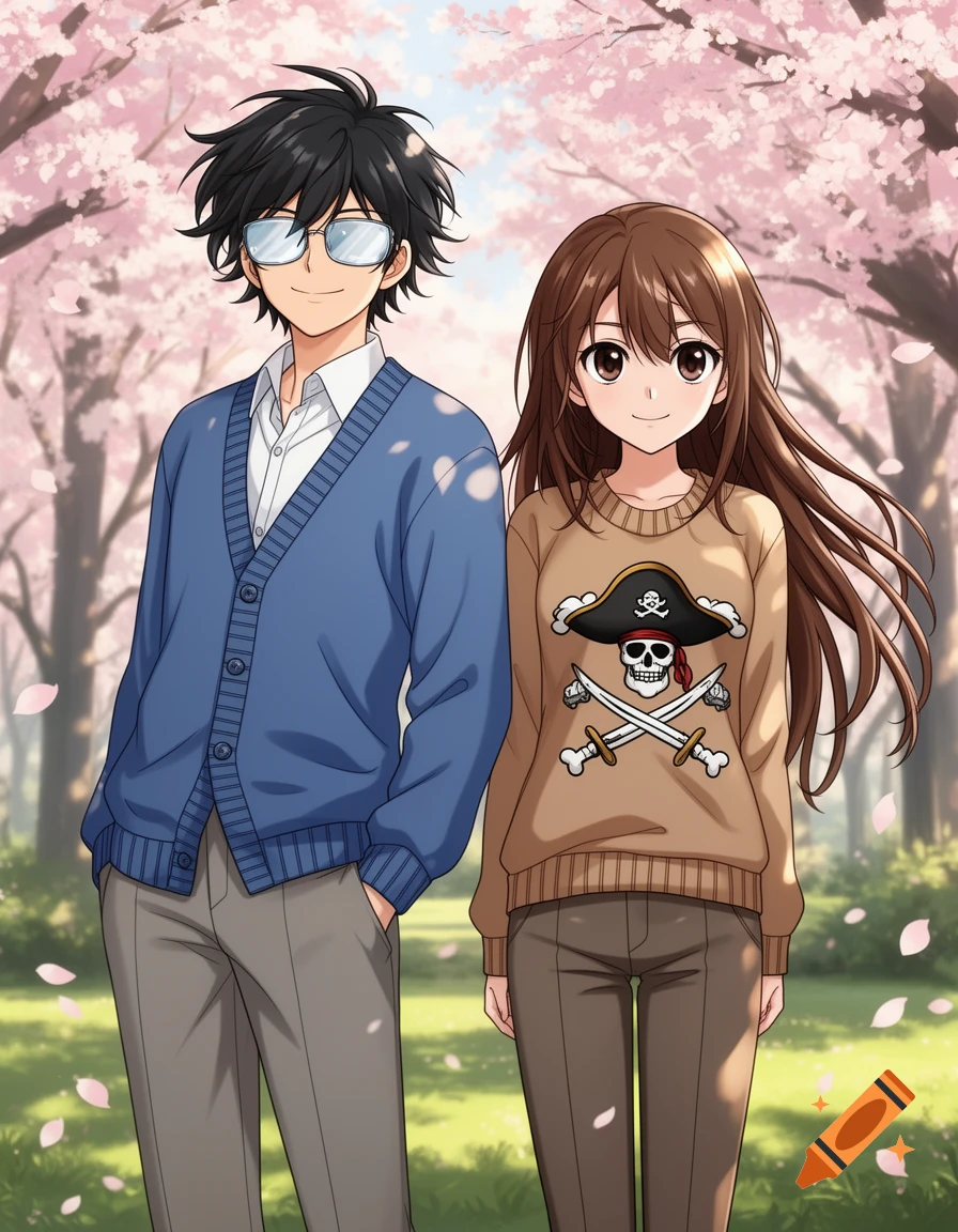 Anime boy in glasses and blue cardigan stands next to an anime girl in a pirate sweater, in a cherry blossom park.