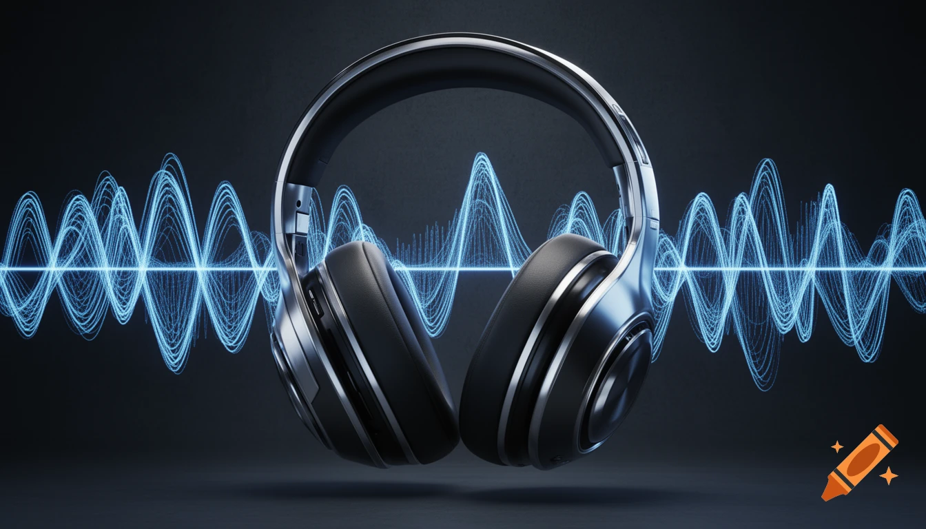 Futuristic black and silver headphones with vibrant blue soundwaves swirling on a dark background, 3D render.