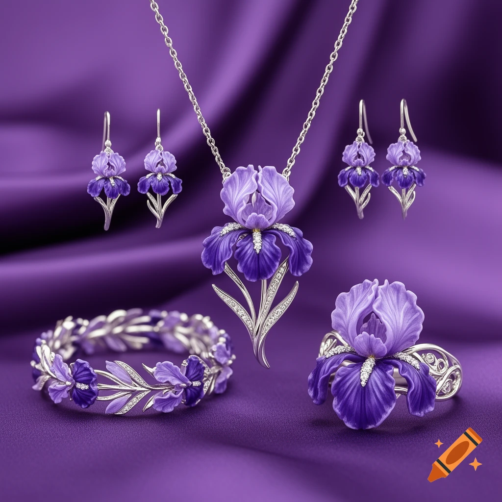 A photorealistic purple and silver iris jewelry set, including necklace, earrings, bracelet, and ring, on a purple satin background.