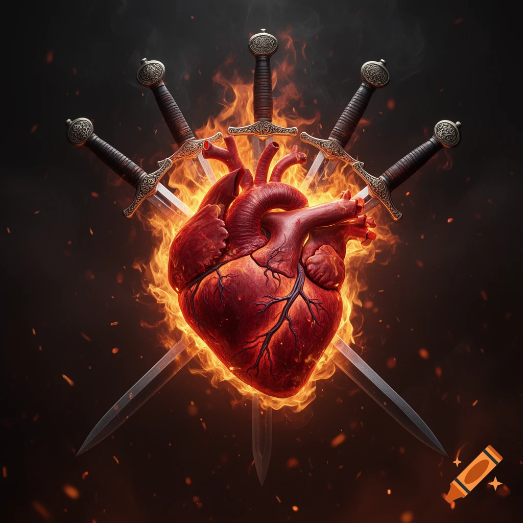 A realistic human heart engulfed in vibrant flames, pierced by six ornate swords, set against a dramatic dark background.