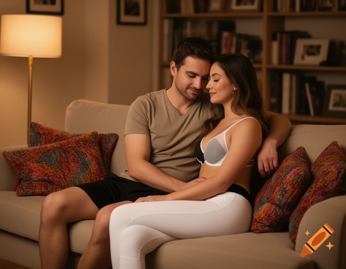 A man and woman embrace on a couch in a cozy living room, both looking content. The woman wears a bra and white leggings, the man wears a t-shirt and black shorts.