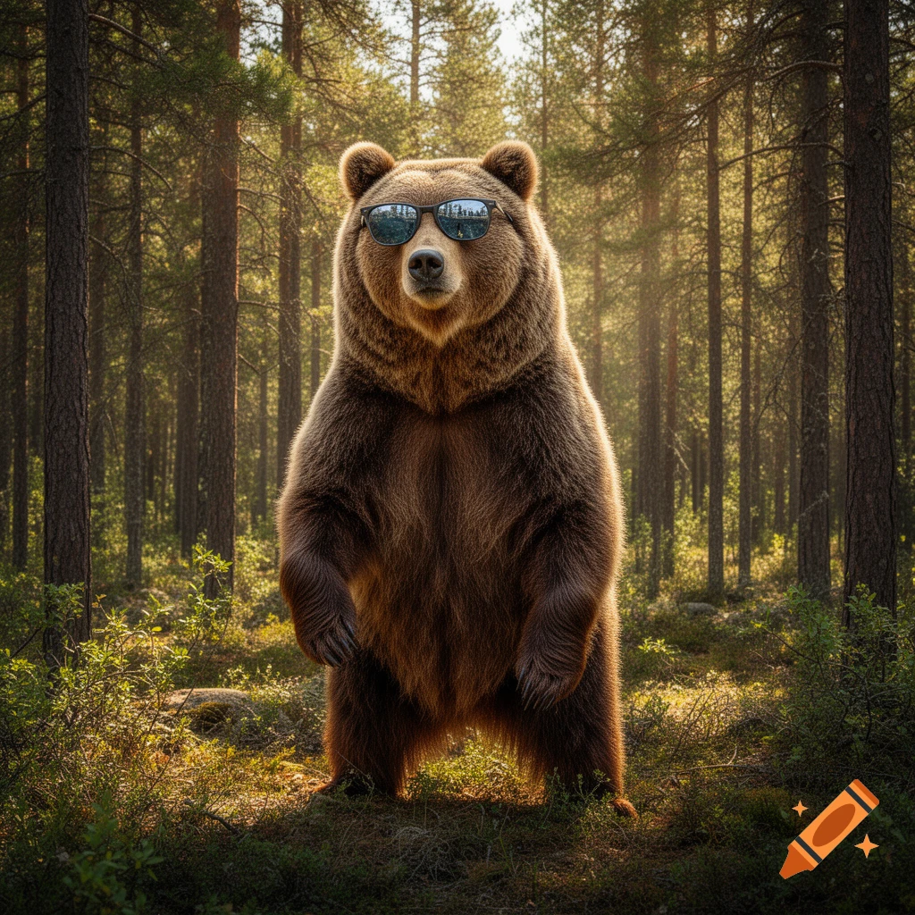 A photorealistic brown bear stands on its hind legs in a sunlit forest, wearing blue reflective sunglasses.