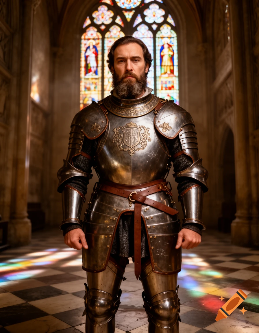 A bearded man in shining medieval armor stands in a grand hall with colorful stained glass windows, light on a tiled floor.