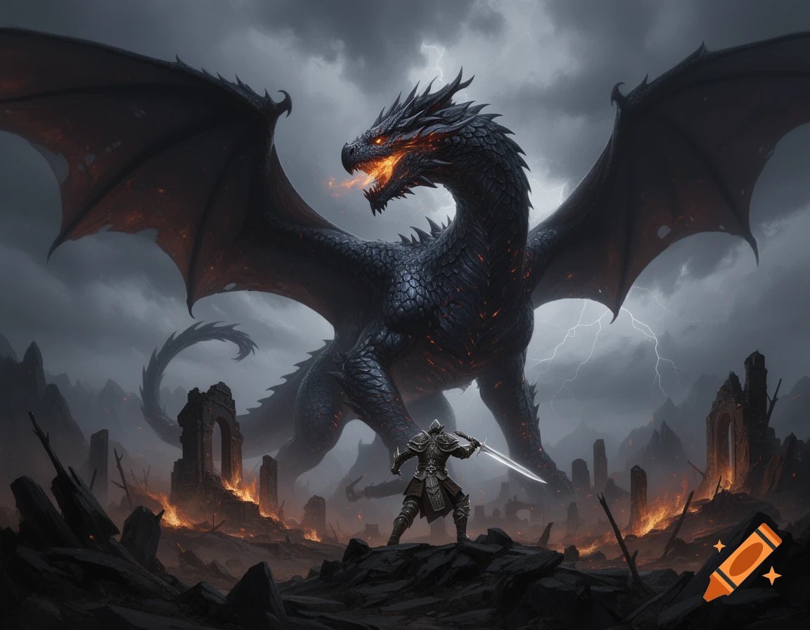 A knight confronts a fire-breathing black dragon in a desolate, fiery ruin under a stormy sky with lightning.