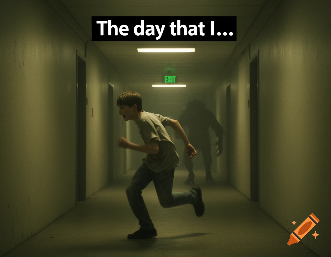 A boy runs from a shadowy monster in a dark, foggy hallway with an EXIT sign. Text reads 'The day that I...'