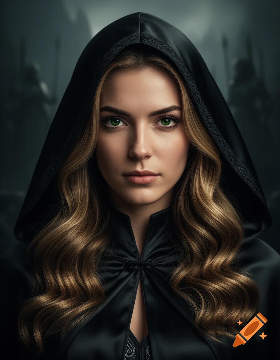 Close-up portrait of a woman with green eyes and wavy blonde hair, wearing a black hooded cloak, in a dark fantasy style.