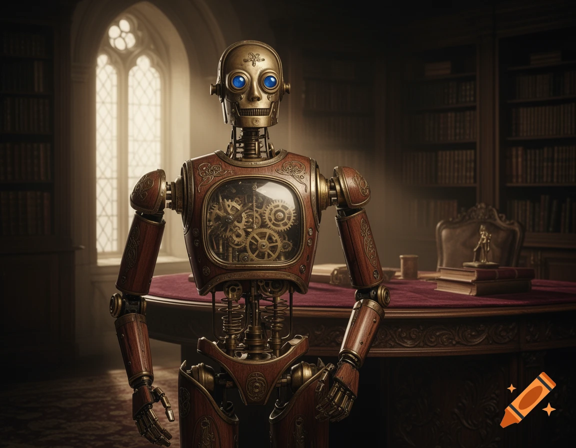 A steampunk robot made of brass and wood with blue eyes stands in an old library, showing intricate gears through a glass chest plate.