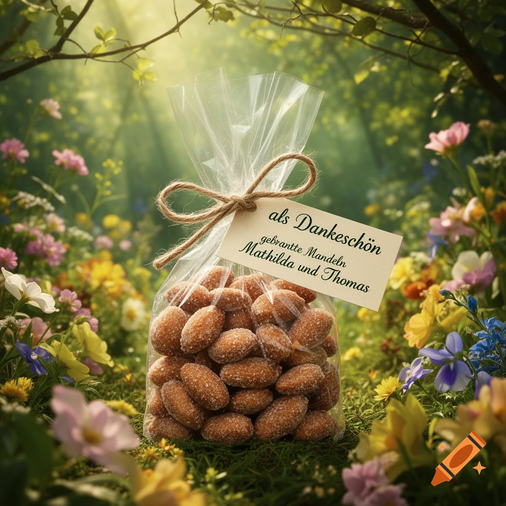 A clear plastic bag of sugar-coated almonds tied with twine and a "Thank You" tag, placed among colorful wildflowers in sunlight.