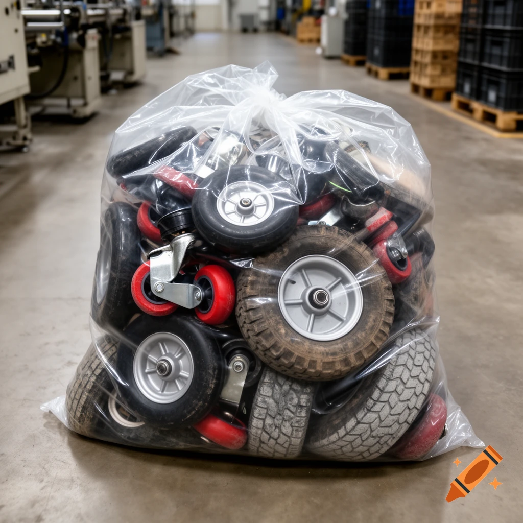 A clear plastic bag filled with assorted industrial wheels and casters, resting on a concrete floor in a warehouse.