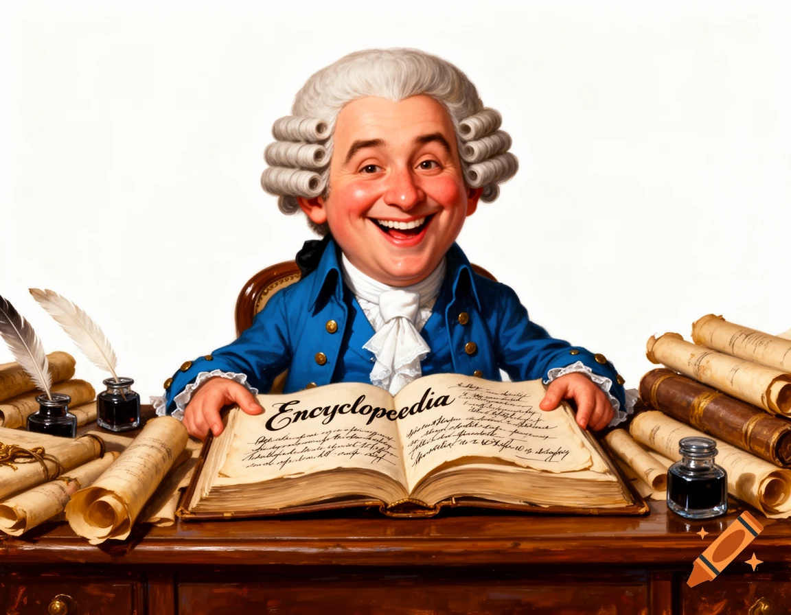 A cheerful 18th-century caricature scholar in a blue coat sits at a desk with an open book titled 'Encyclopedia' and scrolls, oil painting.