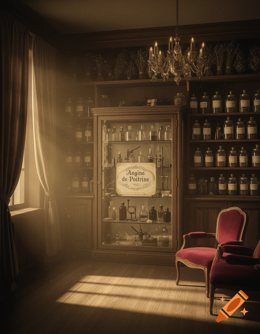 A vintage apothecary or doctor's office interior with a glass cabinet, bottled ingredients, red armchairs, a chandelier, and sunbeams.