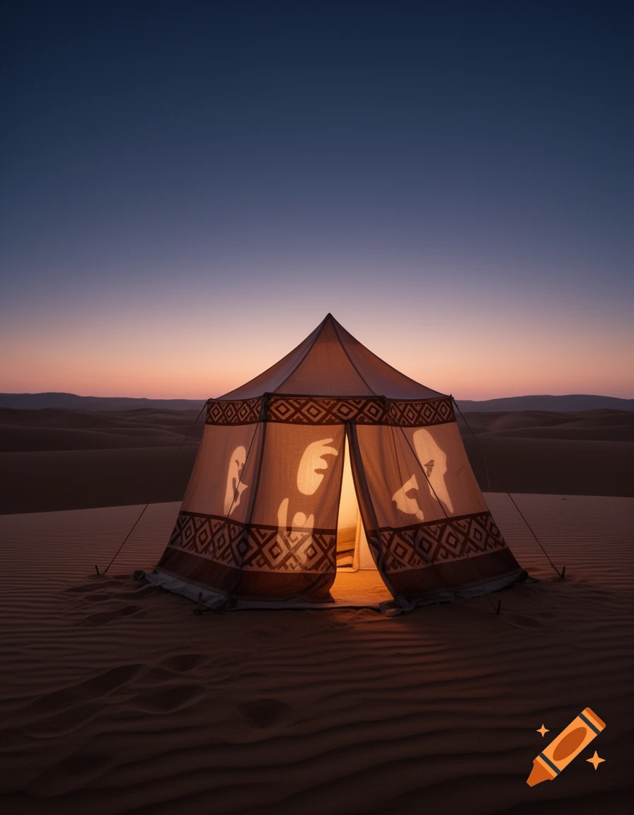 A glowing tent with abstract silhouettes visible inside, sits alone on a sand dune at twilight in a vast desert landscape.